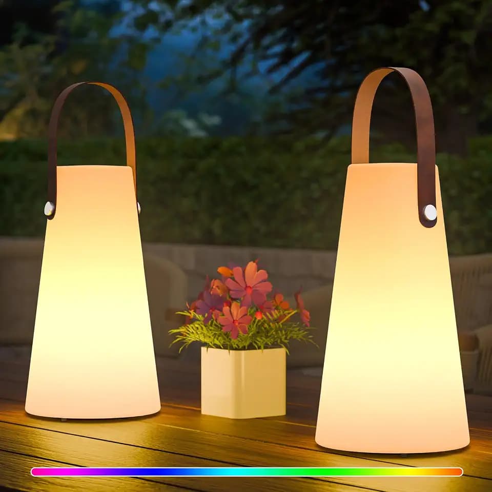 2 Pack Outdoor Lanterns, GGII Rechargeable Camping Lantern with IP44 Waterproof, Battery Operated Outdoor Portable Cordless Table Lamp with RGB Lights for Patio Terrace Balcony Garden (Leather Handle)