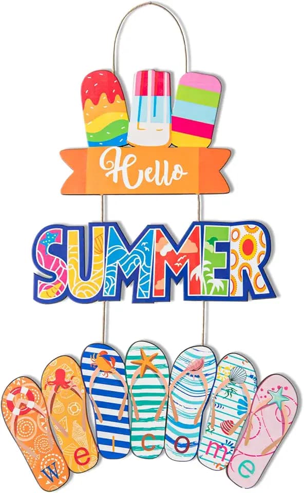 3Pcs Hello Summer Hanging Door Sign Decor Beach Welcome Sign Plaque Wooden Summer Home Decor Ice Cream Slippers Beach Hanging Decor With Ropes for Farmhouse Wall Beach Theme Indoor Outdoor Garden Yard