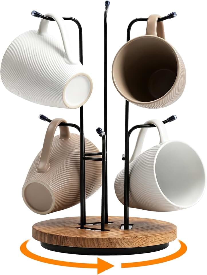 360° Rotating Coffee Mug Tree for Counter, Mug Holder with Wooden Base