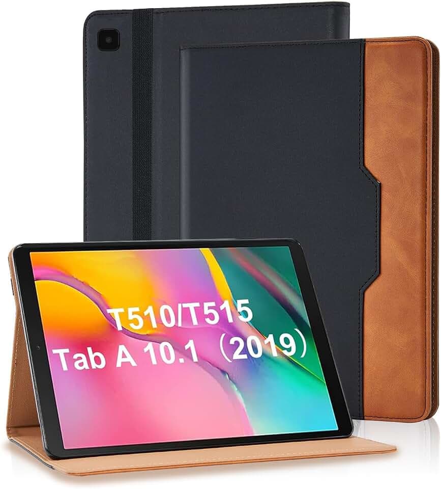 Hülle für Samsung Galaxy Tab A 10,1 2019 (SM-T510/T515) mit Dokumentschlitze Premium PU Leder Segeltuch Folio Stand Schutzhülle Tasche Cover Case mit Auto Schlaf/Aufwach, Schwarz