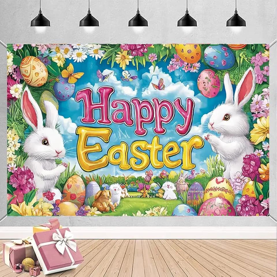 Happy Easter Backdrop Banner, Happy Easter Party Decorations, Easter Spring Party Decorations, Happy Easter Bunny Egg Backdrop, Spring Bunny Egg Photography Background