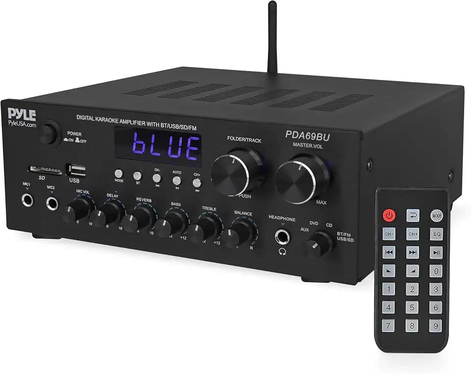 Pyle Home Karaoke Amplifier Receiver with Bluetooth Streaming, 200 Watt Peak, Dual Mic Inputs with Delay and Reverb, 2.0 Channel Hi Fi Sound System, USB-A Input w MP3 Player, RCA/Aux Inputs - PDA69BU