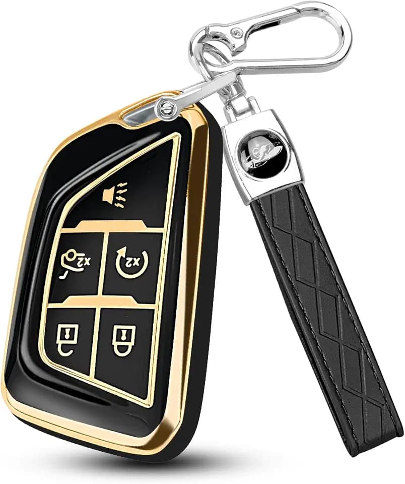 QBUC for Cadillac Key Fob Cover with Leather Keychain (Gold Trim Black)
