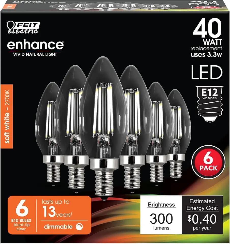 Feit Electric B10 Enhance LED Light Bulb, 40W Eq, Torpedo Tip, 6 Pack