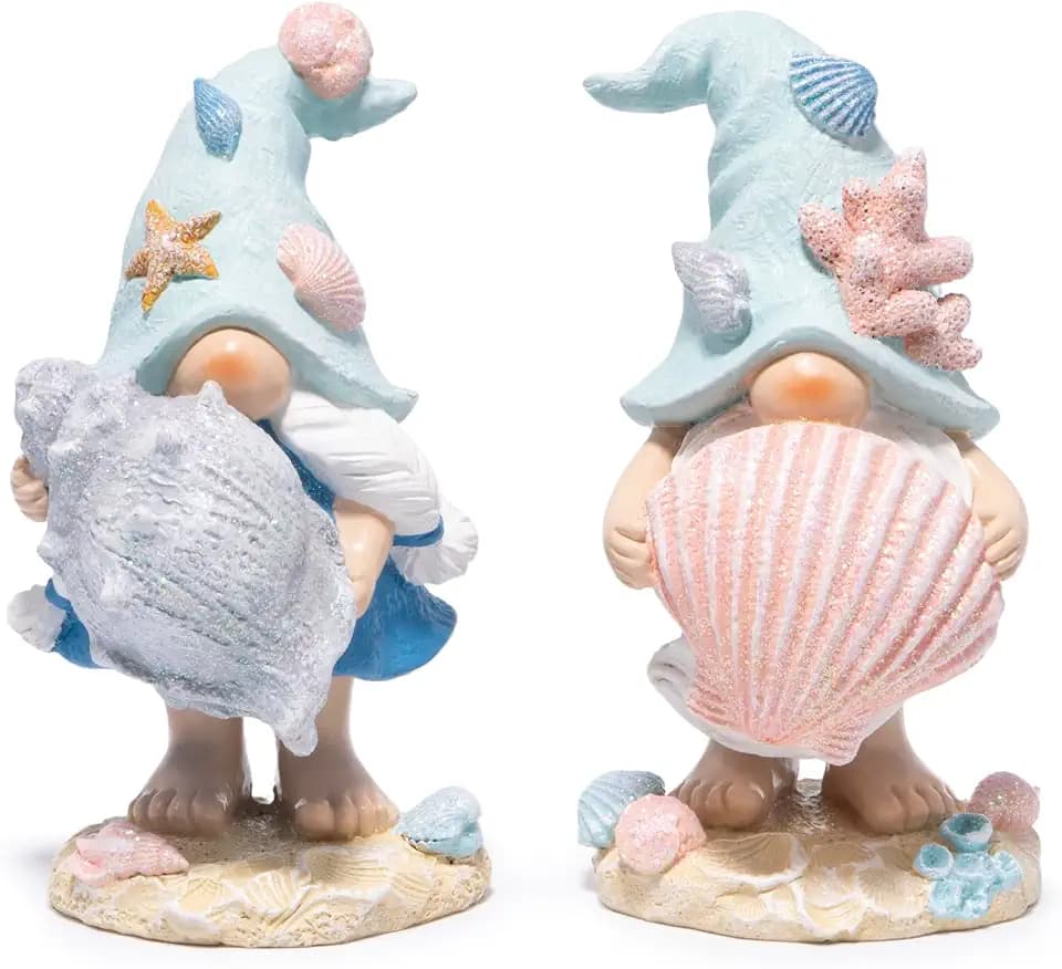 Hodao Summer Ocean Elf Figurines with Seashell & Conch, Coastal Beach Decor