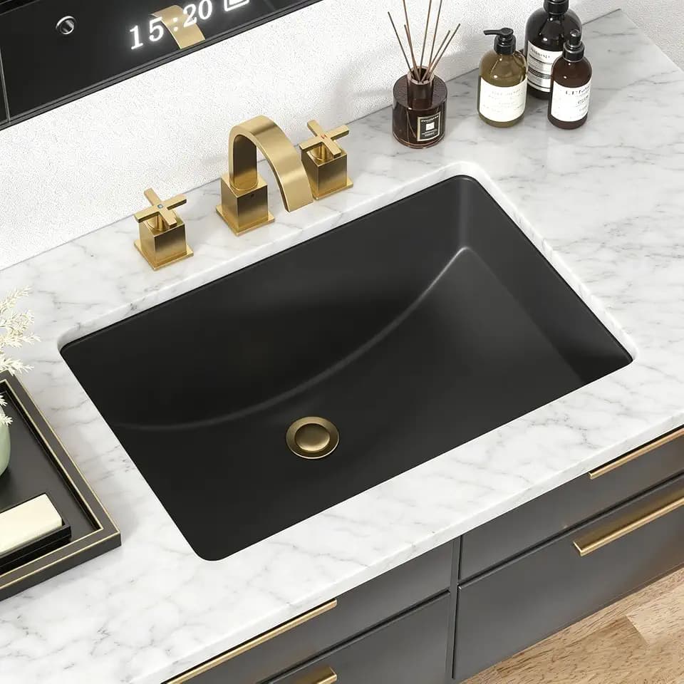 Kichae 21 Black Undermount Bathroom Sink - 21x14 Matt Black Vanity Sink Modern Rectangle Undermount Sink Porcelain Ceramic Lavatory Vanity Bathroom Sink with Overflow