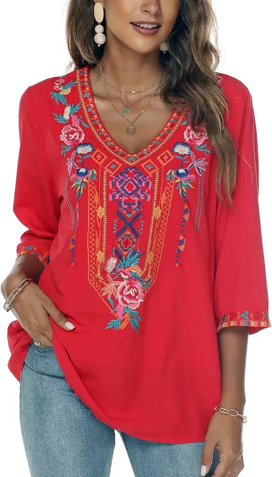 Seasonal Damen Boho Bestickte Tops Mexikanischer Bauernstil Bohemian 3/4 Ärmel Shirt Hippie Kleidung Sommer Tunika Blusen