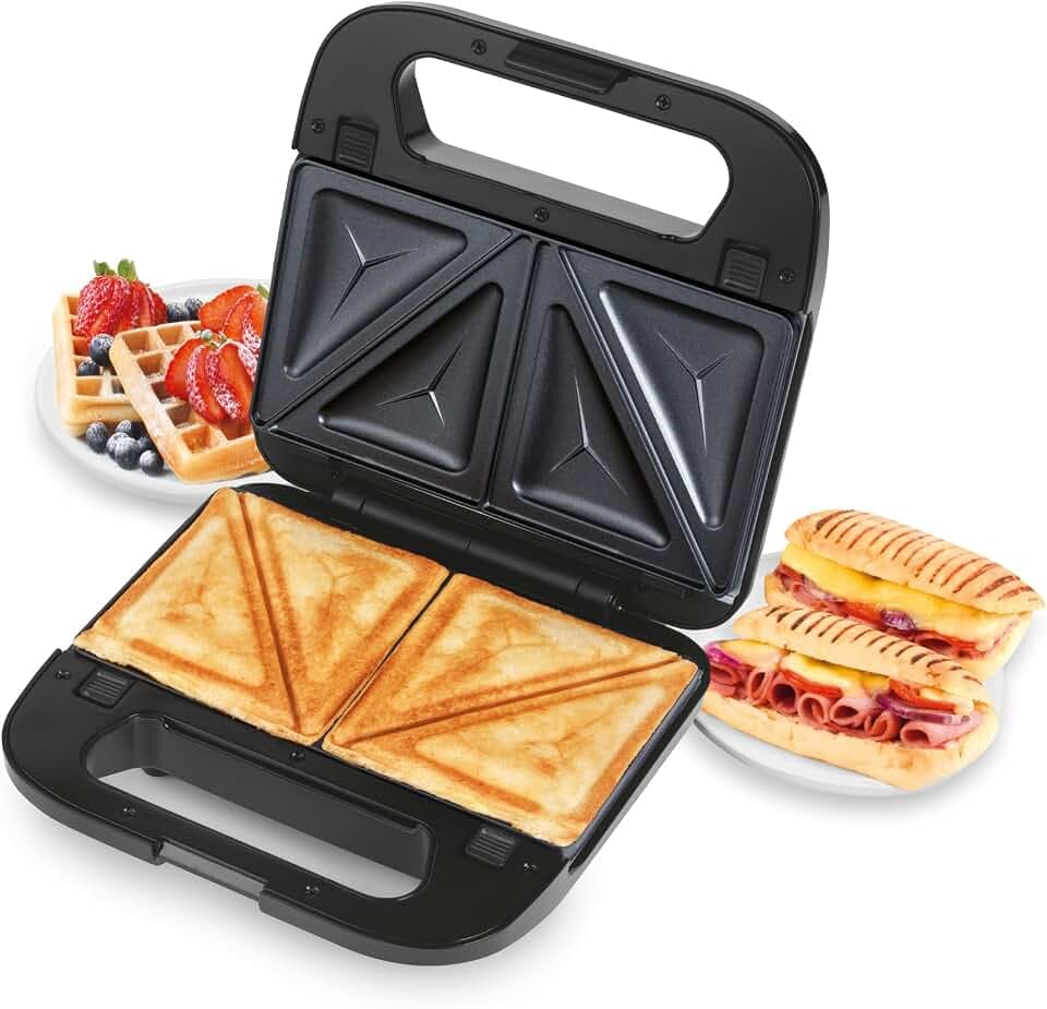 Salter 3-in-1 Snack Maker - Sandwiches, Waffeln, Paninis, PFAS-freie abnehmbare Antihaftplatten, Automatische Temperaturregelung, Power-/Bereit-Anzeigen, Kühler Griff, 750 W
