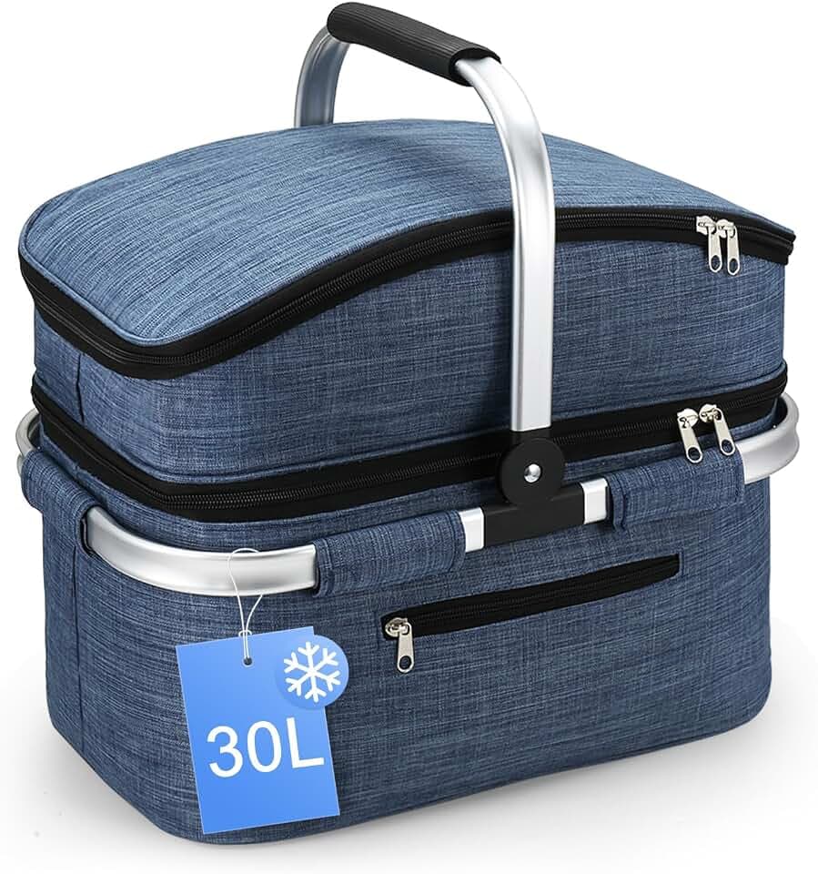 Nagoyuki 30L Einkaufskorb, Kühltasche, Faltbarer Kühlkorb, Doppellagige Einkaufstasche, Praktischer Einkaufskorb mit Gepolsterten Griffen, Ideal Für Reisen, Picknick, Einkaufen, Geschenk (Blau)