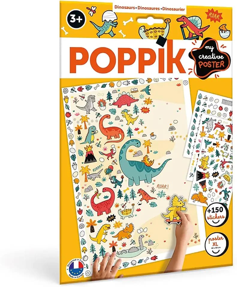 POPPIK 1841201 Sticker-Poster, Dinosaurier, Kreativposter mit ablösbaren Dino-Aufklebern, Stickerset zum Basteln, für Kinder ab 3 Jahren, 48 x 68 cm