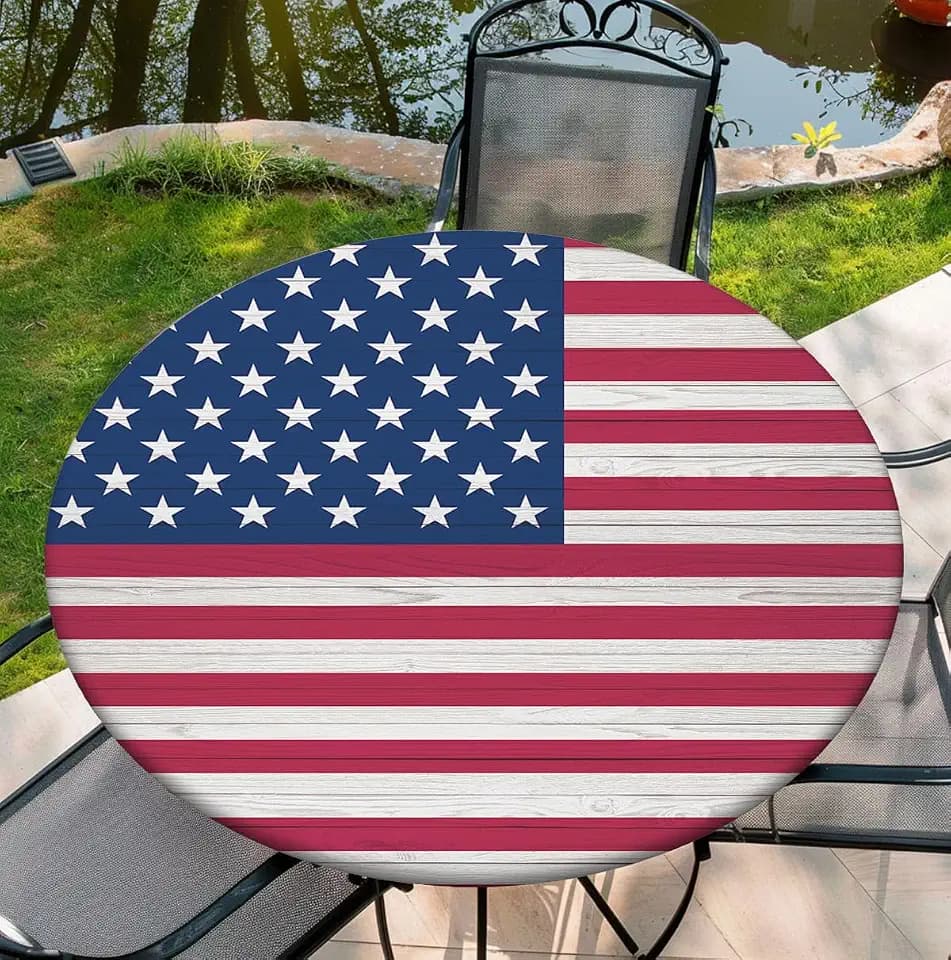 Round Table Cover for Round Tables 36"-70", Fitted Tablecloth with Elastic for Indoor Outdoor Party Holiday, 48inch, Flag