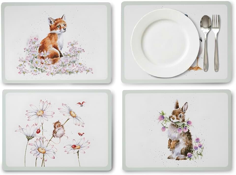 Portmeirion x Wrendale Designs Platzsets mit Wildblumen-Motiv, 4 Stück, Pimpernel mit Unterseite aus Kork, hitze- und schmutzabweisend, Tischschutz, Tier- und Blumen-Design
