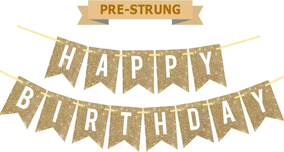 Netnology Pre-Strung Gold Glitter Happy Birthday Banner Decorations