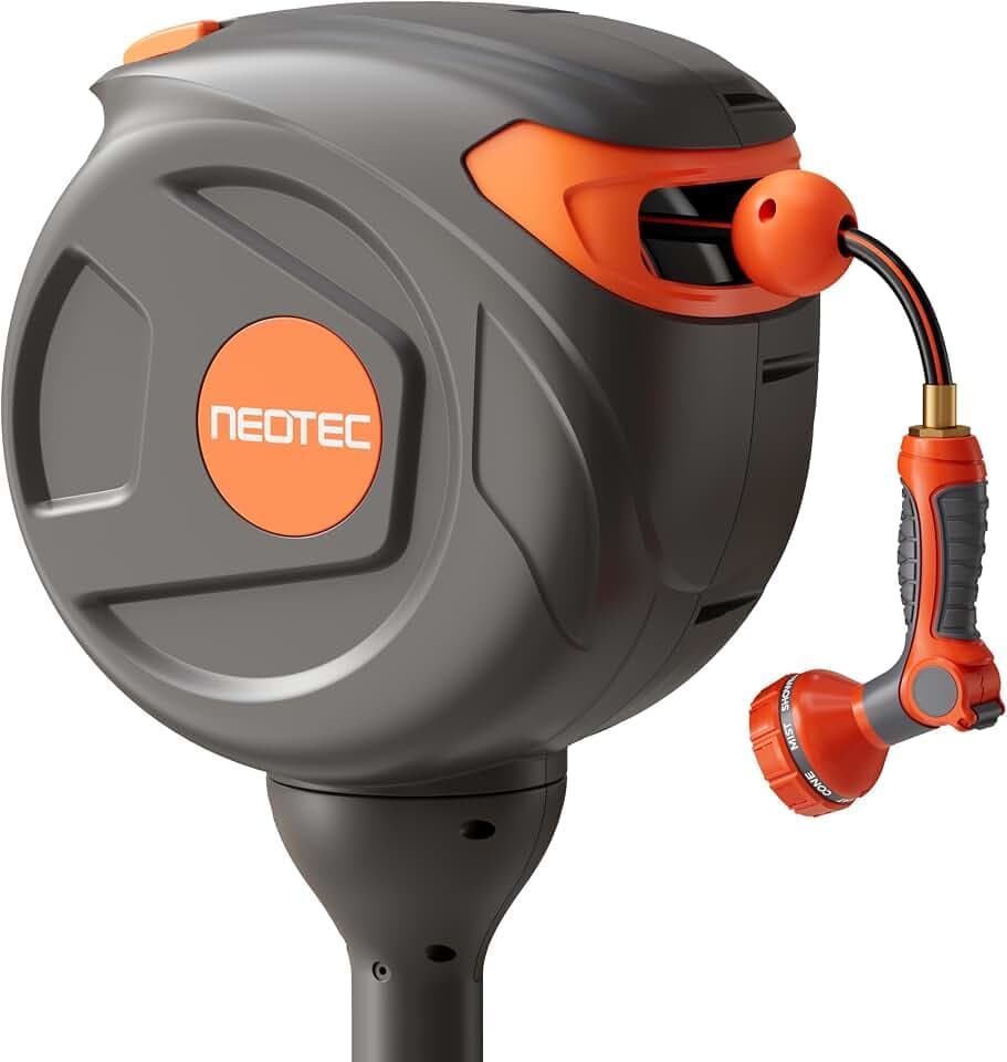 NEO-TEC No-Drill Ground-Mounted Retractable Garden Hose Reel 82 ft x 1/2 Inch, Freestanding 360° Swivel Water Hose with Any-Length Lock & Slow Return for Large Yard & Lawn