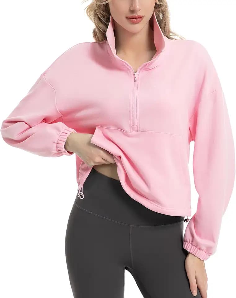FKEEP Quarter Zip Pullover Women Cropped Sweatshirt Long Sleeve Crop Top Stand Collar Drawstring Casual Pullover