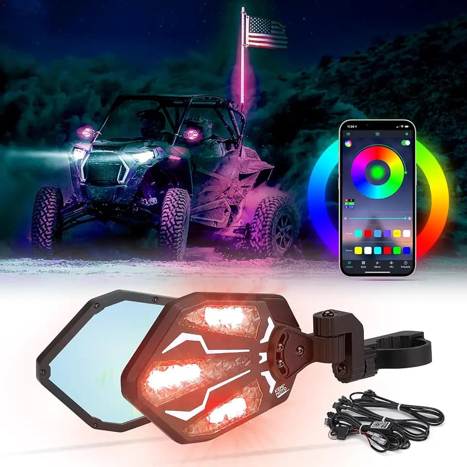 KEMIMOTO UTV Lighted Side Mirrors, RGB Aluminium UTV Mirror