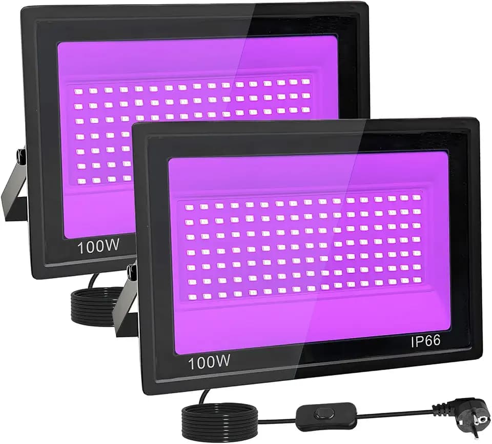 2 Stück 100W LED Schwarzlicht Strahler, IP66 UV Schwarzlicht Fluter, 395-400nm LED UV Strahler, UV Licht mit Schalter für Halloween Dekorationen,Party Deko, Weihnachten, Neon Glühparty, Körperbemalung