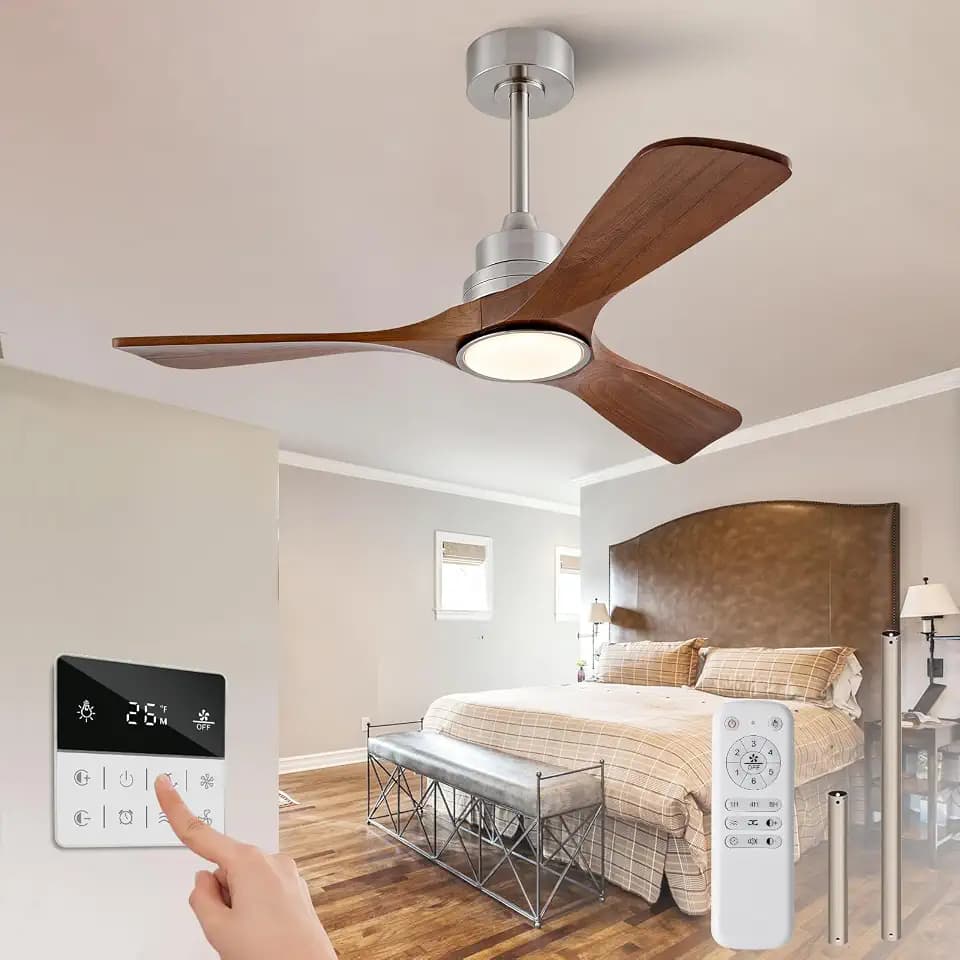 42 Inch Brushed NickeI Ceiling Fans with Lights and Remote, Solid Wood Ceiling Fan with Wall Switch Dimmable, Power-Off Memory, Reversible, Modern Indoor Outdoor Ceiling Fan for Patio Bedroom