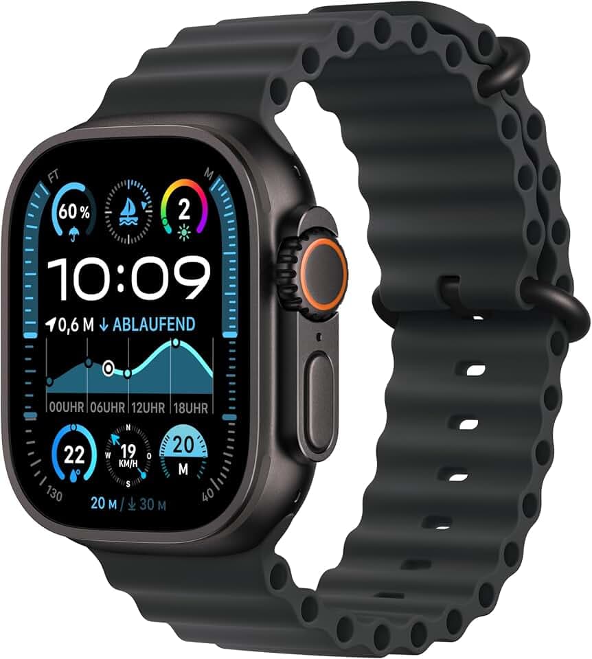 Apple Watch Ultra 2 (GPS + Cellular 49 mm) Smartwatch, Sportuhr mit Titangehäuse in Schwarz und Ocean Armband in (One Size). Fitnesstracker, präzises GPS, extra Lange Batterielaufzeit