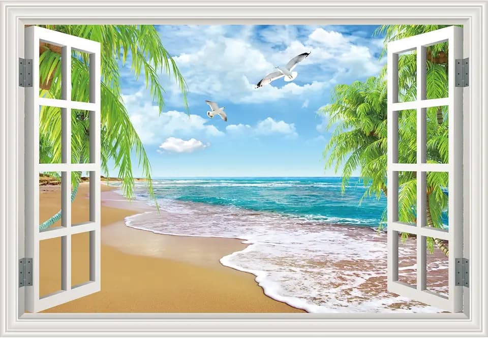 Fake Window Wall Murals Peel and Stick - Beach View Window Wall Art Decal Poster for Living Room - Window Posters for Wall Office - Removable Wall Stickers for Bedroom Decor 48" x 32" Set of 2 Sheets