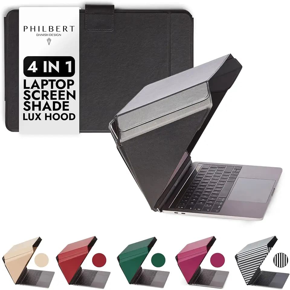 4-in-1 Laptop Screen Shade – Original Lux Hood – Sun, Privacy, Heat & Contrast Protection, Freestanding with Pocket, Fits 15–16” MacBook & PC, Patented, Black | PHILBERT Danish Design