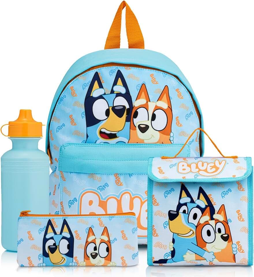 Bluey Rucksack 4-teiliges Schulset mit Lunchtasche, Wasserflasche und Federmäppchen | Jungen Schultasche mit Kängurutasche & Netzseite | für Kinder von 2 bis 7 Jahren