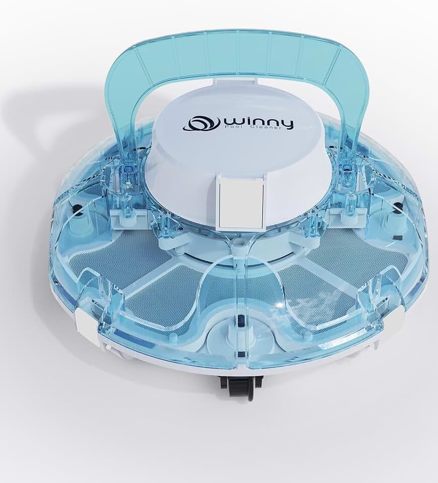 WINNY POOL CLEANER Winny 200 Poolroboter, Poolsauger kabellos mit Akku, 75 Min. Laufzeit, für Aufstellpools bis 60 m², Doppelfiltration, Automatisches Parken, Kompakt Leicht (Transparentes Blau-Weiß)