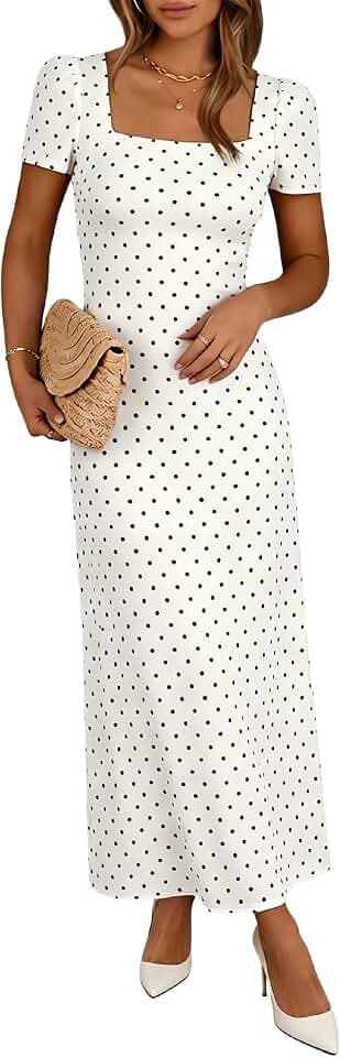 Lingswallow Womens Polka Dot Dress Short Sleeve Bodycon Midi Dresses