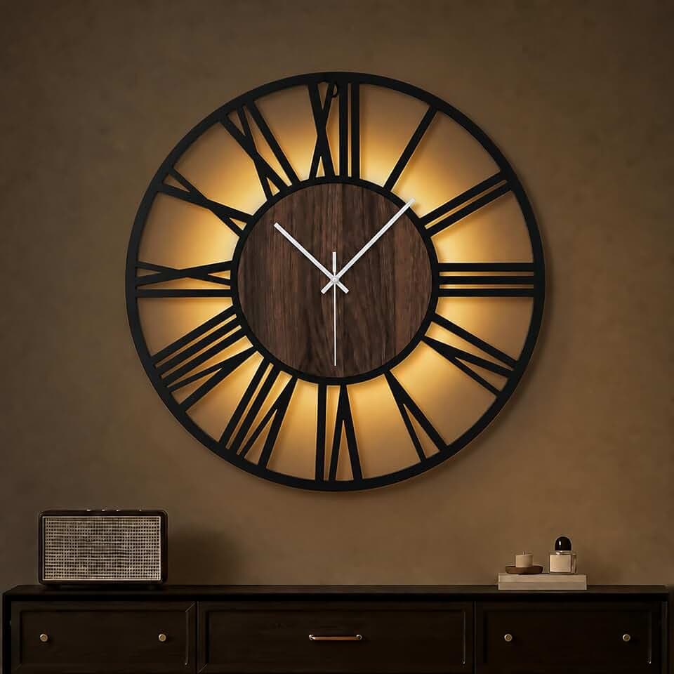 Maxstar 60CM Große Wanduhr Für Wohnzimmer, Batteriebetrieben,Still, Nicht Tickend, Holzstil, Moderne LED-Wanduhr Für Schlafzimmer, Garage, Büro, Esszimmer, Küchendekor (Römische Ziffern,Schwarz-24)
