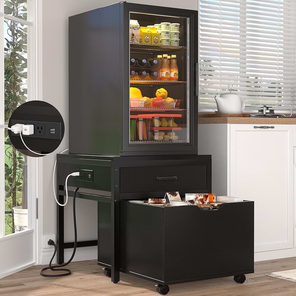 Unikito Mini Fridge Stand with Drawer Storage & Power Outlet, Black