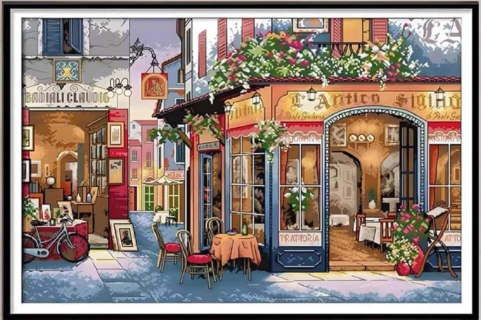 Qeerysew Cross Stitch Kits Stamped Full Range of Embroidery Starter Kit for Beginners DIY 11CT 3 Strands-Printed Kit Bistro 80×59cm