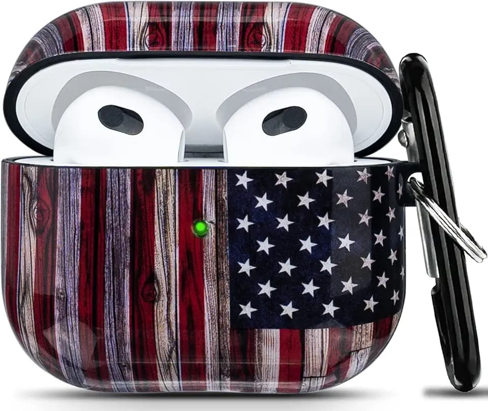 Compatible with Airpods 3rd Generation Case - Wonjury Protective Hard Compatible with Airpods 3 Case Cover Shockproof Women Girls with Keychain, American Flag