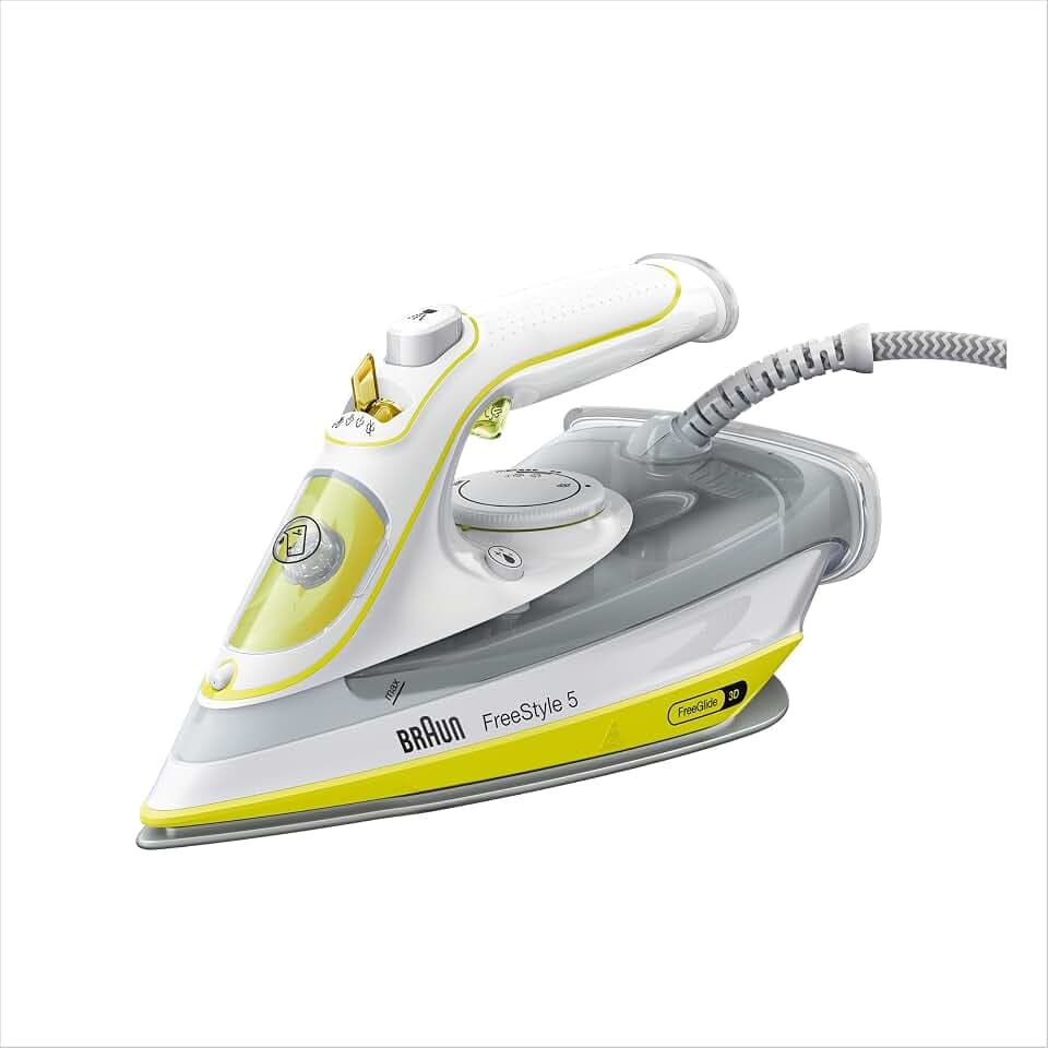Braun FreeStyle 5 – Dampfbügeleisen mit Superkeramik-Bügelsohle, leistungsstarker Dampf, auslaufsicher, Präzisionsspitze, einfaches und gleitendes Bügeln, Gelb (SI5016YL)