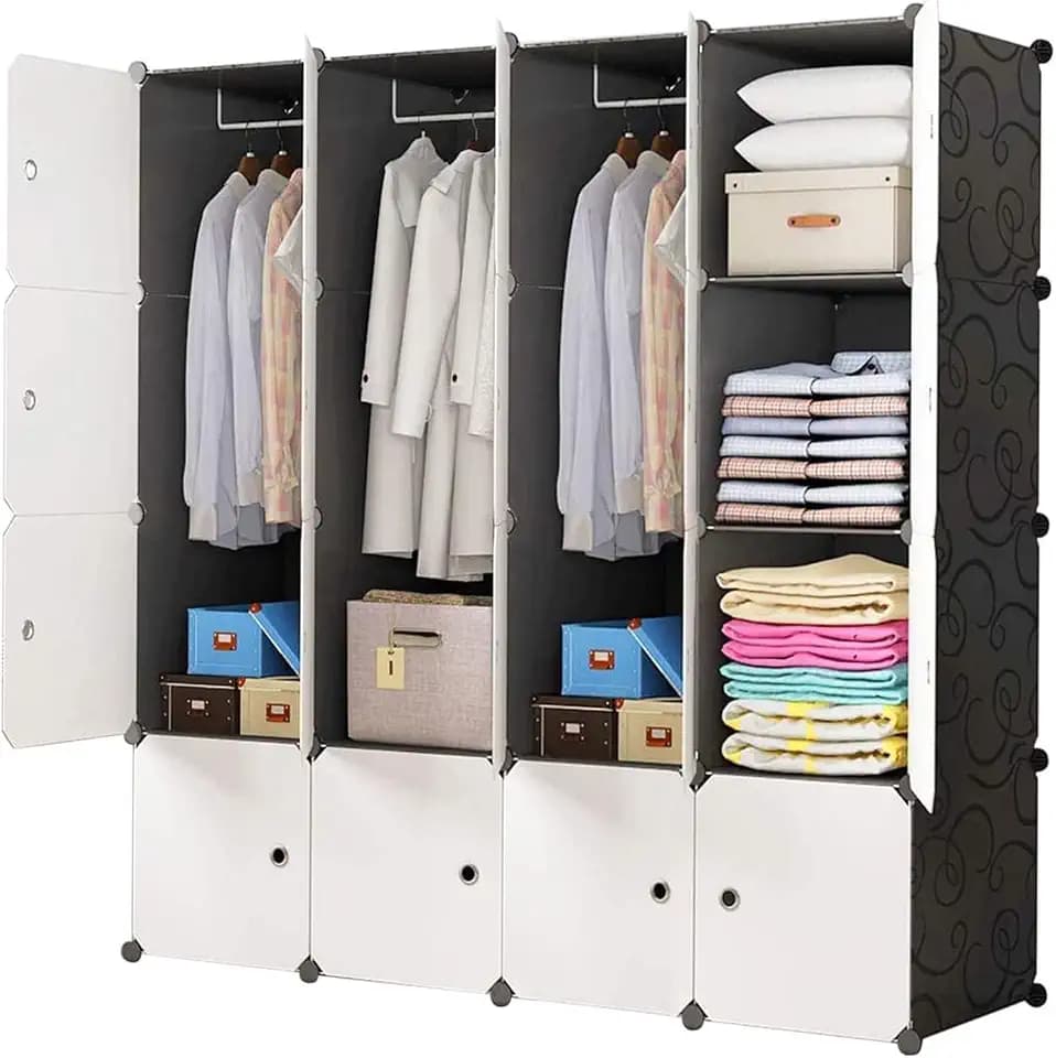 BRIAN & DANY Kleiderschrank aus 16 Würfeln, Modularer Schlafzimmerschrank mit Türen und 3 Kleiderbügel, Tiefere Fächer als Normal für Mehr Platz, 148 x 47 x 148 cm