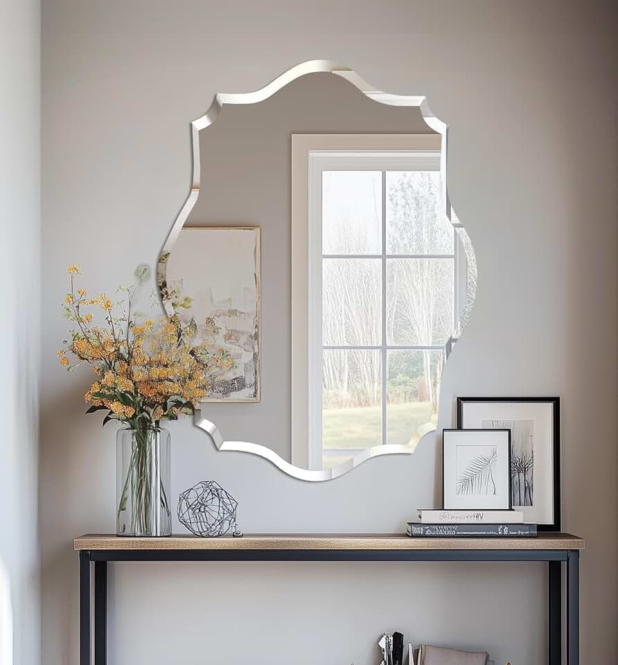 Wand abgeschrägter Spiegel 50×70 cm: Flurspiegel gewellter Rand, dekorative Wandspiegel Silber Dekospiegel HD Hochwertiger Hängespiegel für Wohnzimmer Schlafzimmer Badezimmer
