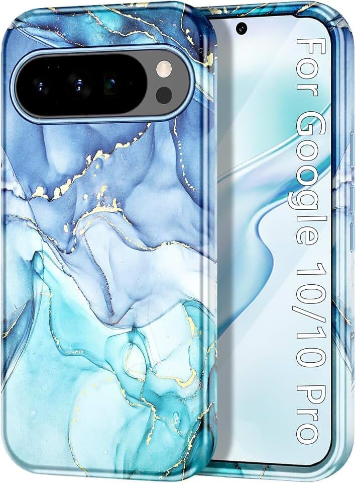 Btscase for Google Pixel 10 Pro Case/Pixel 10 Case 2025 [Military Grade Shockproof] Stylish Marble Pattern Slim Protective 3 Layers Hard PC+Soft Silicone Rugged Women Men Anti-Scratch Cover, Blue Cyan