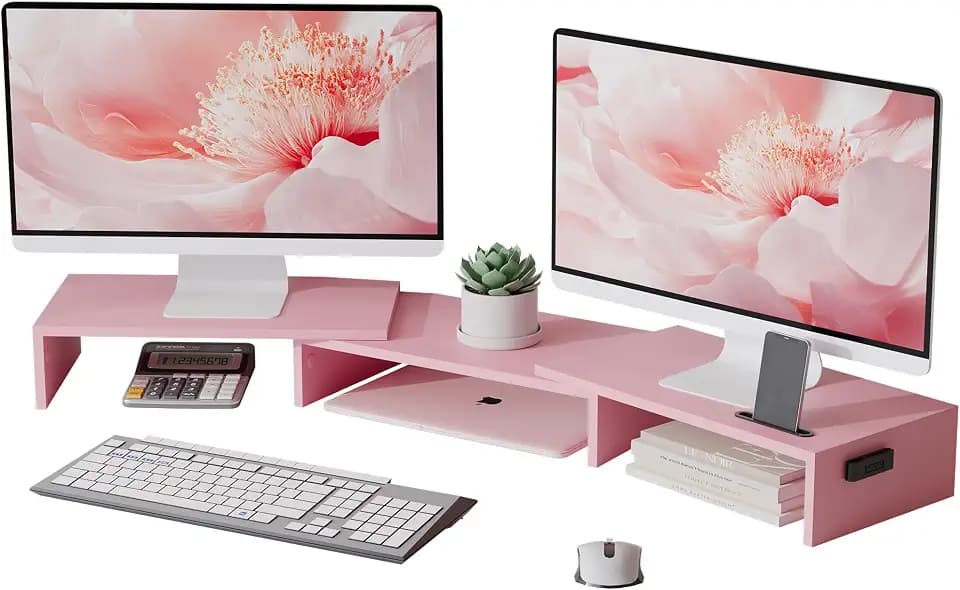 BONTEC Dual Monitor Stand Riser, Adjustable Length & Swivel Angle, Pink