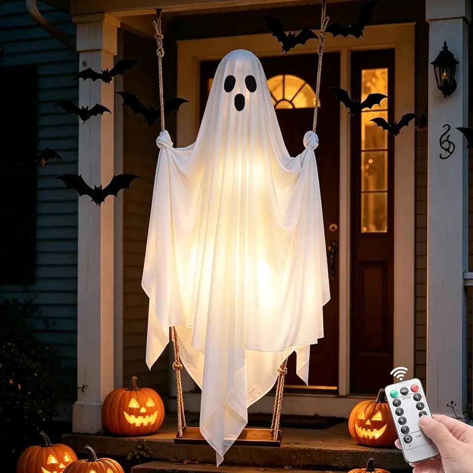 Halloween Hanging Ghost Decorations, 5FT Swinging Ghost with Remote Lights