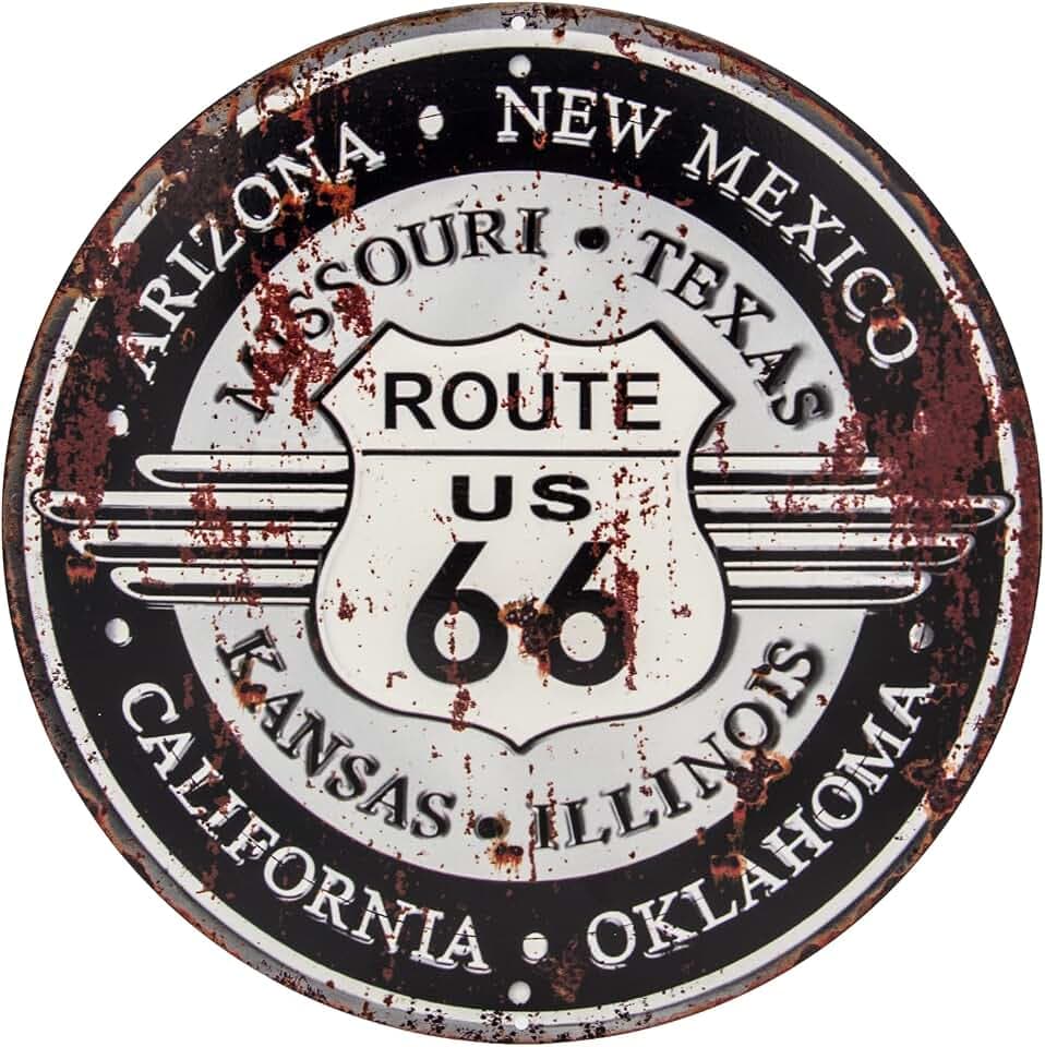 Mehr Relief-Schilder hier... Route 66 Retro Blechschild - US Vintage Deko Schild, Wandschild, Lounge und Bar Dekoration, rund, Durchmesser 30 cm, schwarz - weiß