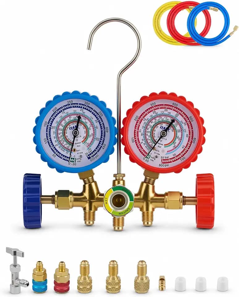 OMT 3-Way Auto AC Manifold Gauge Set for R134a R410A R404A R22, 5ft Hoses