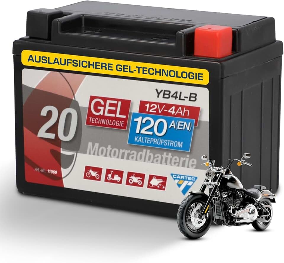 CARTEC Motorradbatterie YB4L-B, 4Ah 120A, Gel Technologie Motorrad-Starter-Batterie, Erstausrüsterqualität, zyklenfest, lagerfähig, wartungsfrei, schwarz