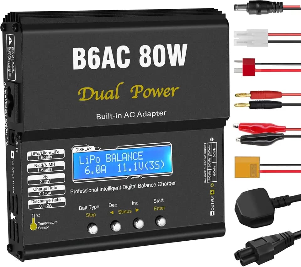 HTRC B6AC 6A LiPo Ladegerät Balancer 80W RC Akku Ladegerät für LiPo/Li-Ion/LiFe (1-6S), NiMH/NiCd (1-15S), PB (2-20V), LED-Display, 5 Speicherprofile, Metallgehäuse, XT60/T-Stecker/Tamiya/Krokoklemmen