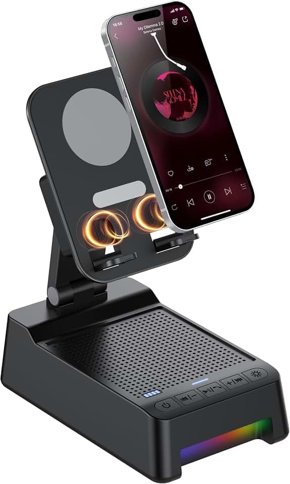 Wireless Induction Speaker, 5 in 1 Bluetooth Speaker with Phone Stand, Birthday Gifts for Men Women Teens, LED Lights 360° Rotation Phone Holder Compatible with Phones iPad