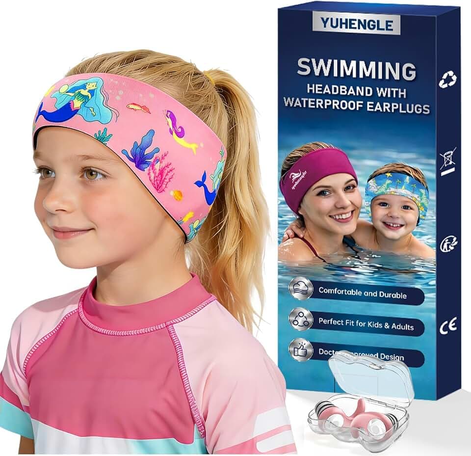 Swimming Headband for Kids, Adjustable Swim Ear Band with Earplugs