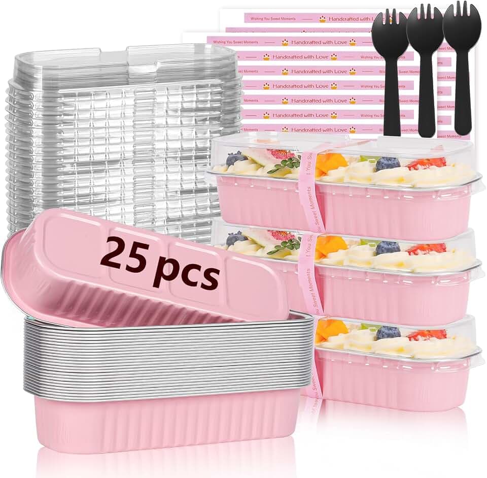 YQER 25 Pack Mini Cake Pans with Lids and Spoons, 6.8 oz Pink Disposable Aluminum Foil Mini Loaf Pans with Stickers, Individual Small Dessert Cake Tins Containers for Small Batch Baking, Parties Treat