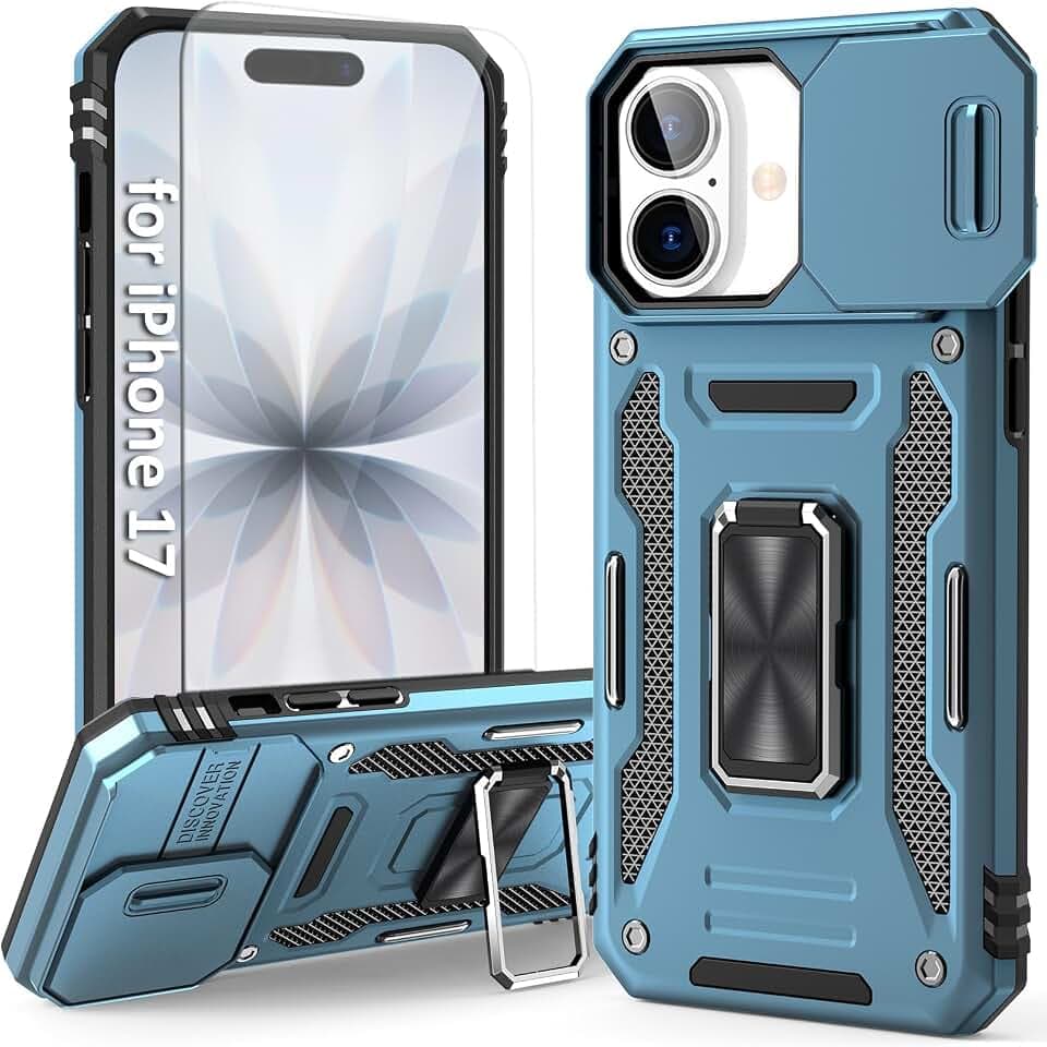 Phone Case Compatible with 17 Case with Camera Cover & HD Screen Protector, with Kickstand Ring Holder, with Magnet Car Mount Function, for iPhone 17 (Light Blue)