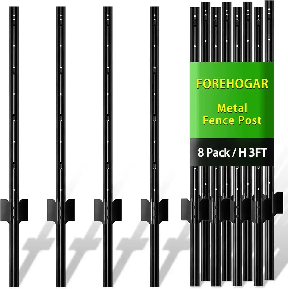 3 ft Black Metal Fence Post, T Posts Fencing for Wire Mesh Fence, 8-Pack