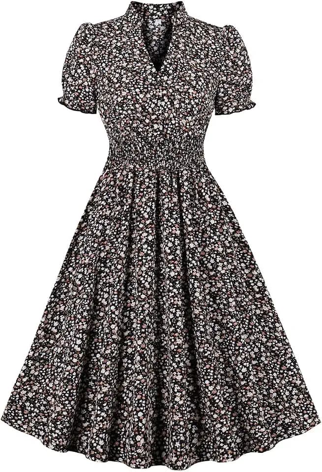 Wellwits Damenkleid mit Kragen, V-Ausschnitt, gekräuseltes Ditsy-Blumenmuster, Vintage-Kleid