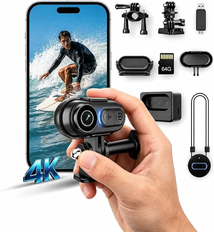 Body Camera 4K Mini, Wearable POV Action Cam with Audio & Video Recording 64GB, IPX7 Waterproof, 6-Axis Stabilization, Hands-Free Thumb Cameras for Cycling, Vlogging, Travel & Outdoor Activities