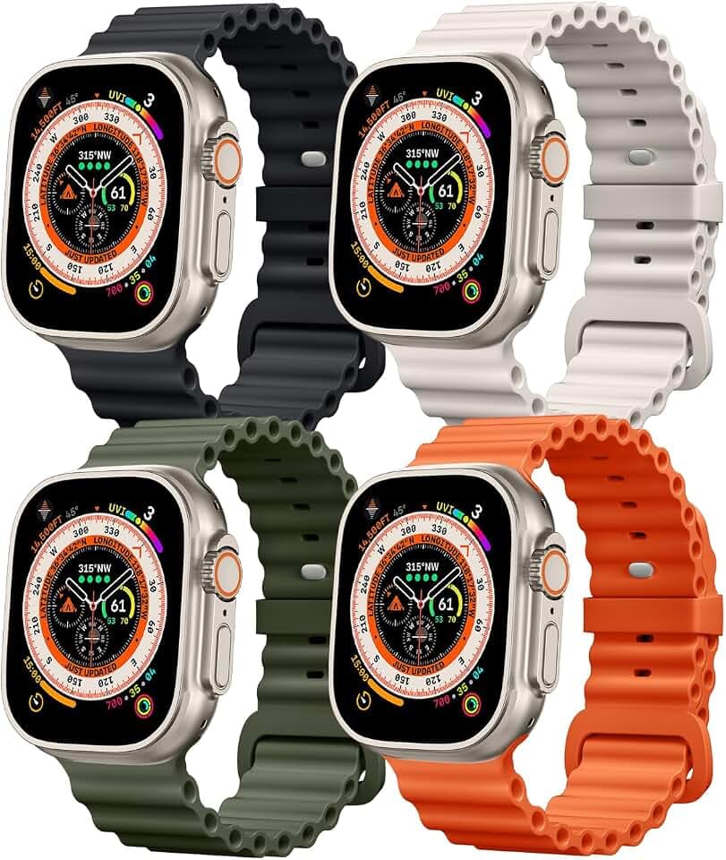 4 Pack Ocean Bands Compatible with Apple Watch Ultra Band 49mm 45mm 44mm 42mm Men Women, Soft Silicone Straps Sport Rugged Smartwatch Replacement for IWatch Ultra Ultra 2 Series 9 8 7 6 5 4 3 2 SE